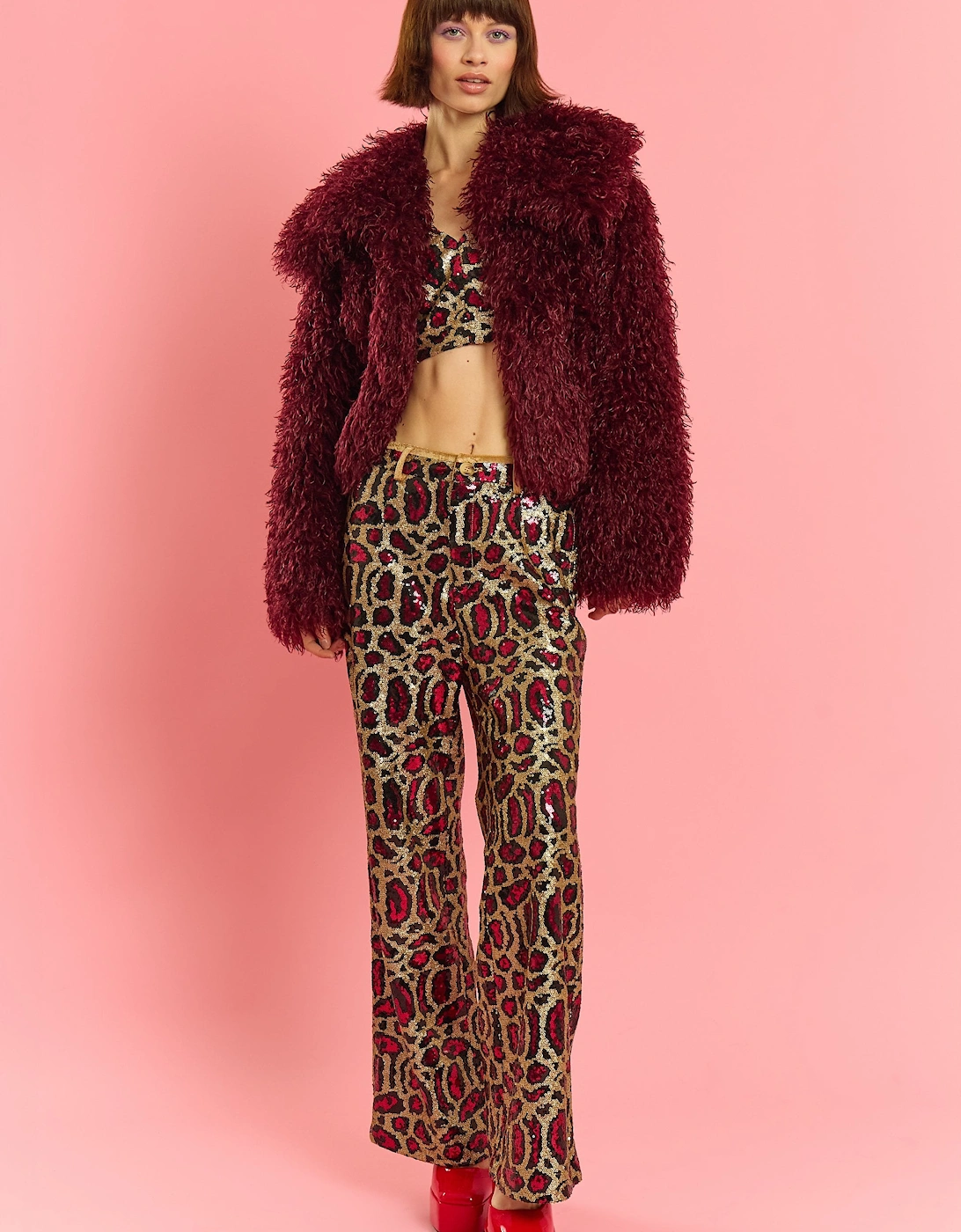 Deep Red Bamboo Lyocell Knitted Vegan Faux Shearling Jacket, 4 of 3