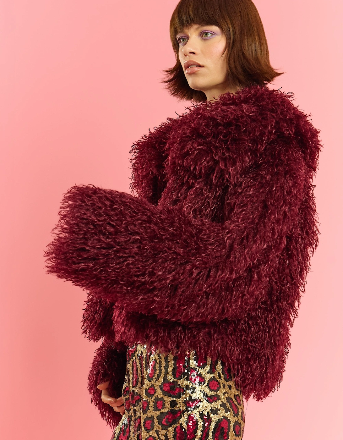 Deep Red Bamboo Lyocell Knitted Vegan Faux Shearling Jacket