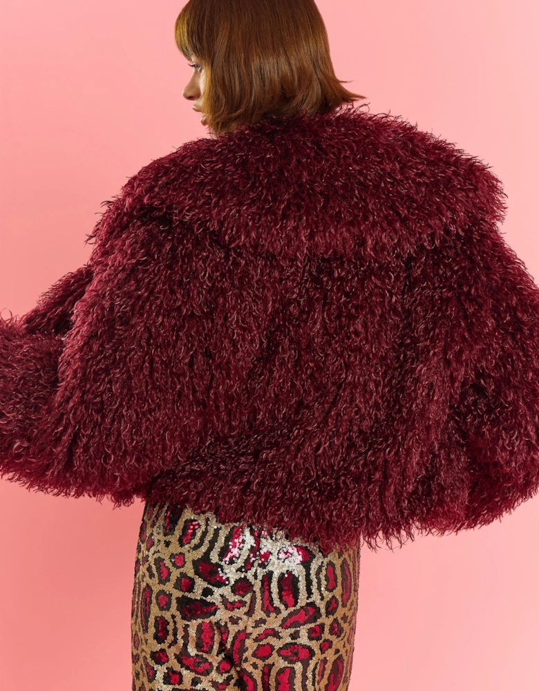 Deep Red Bamboo Lyocell Knitted Vegan Faux Shearling Jacket