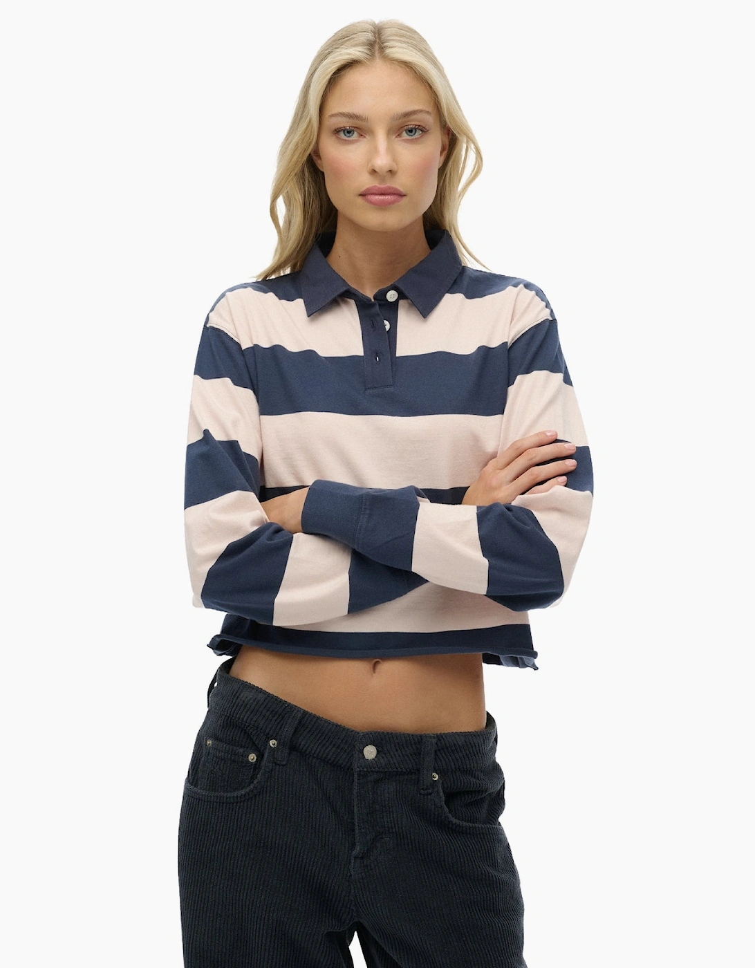 Women's Superdry Womens Athletic Essentials Long Sleeve Polo Shirt - Lauren Navy Pink Stripe - Size: 14
