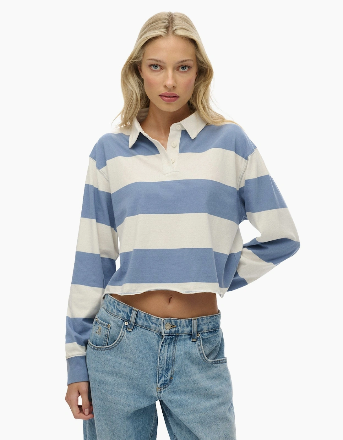 Superdry Women's Tidal Blue Ecru Stripe Athletic Essentials Long Sleeve Polo Shirt - Size: 12