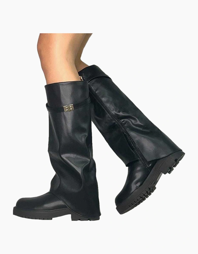 Womens/Ladies Amina Fold Over Knee-High Low Heel Boots