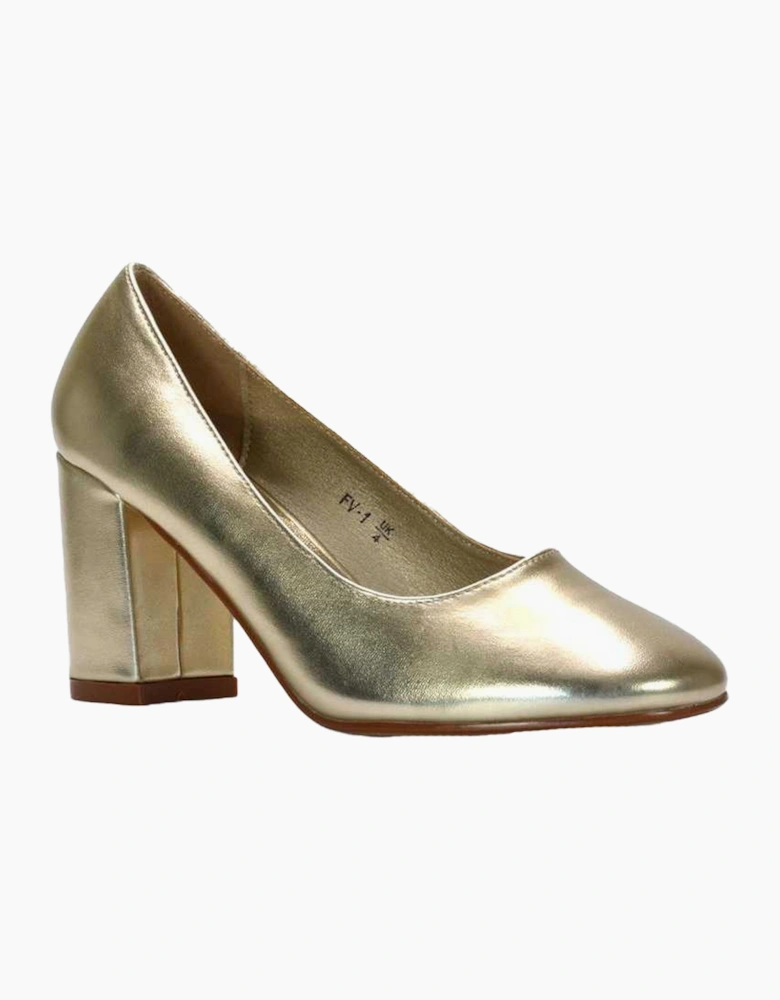 Womens/Ladies Esme Metallic Round Toe Mid Block Heel Court Shoes