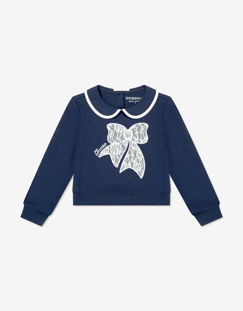 Girls Lace Bow Sweater and Skirt Set in Navy