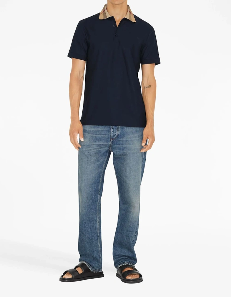 Vintage Check Print Collar Polo Shirt Navy blue