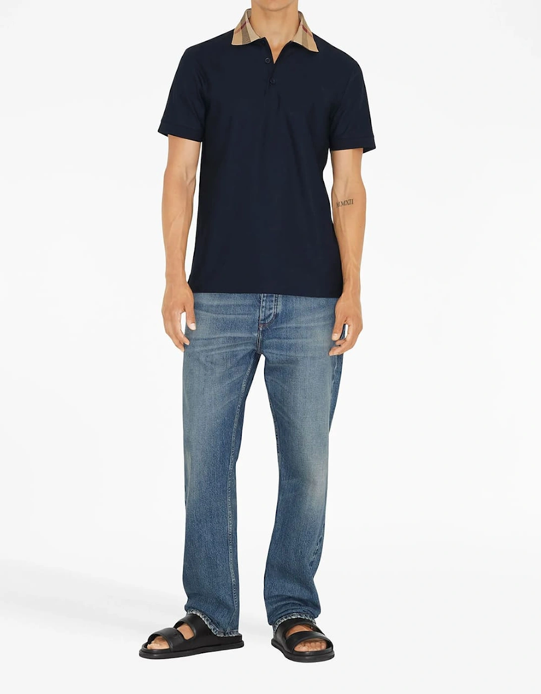 Vintage Check Print Collar Polo Shirt Navy blue