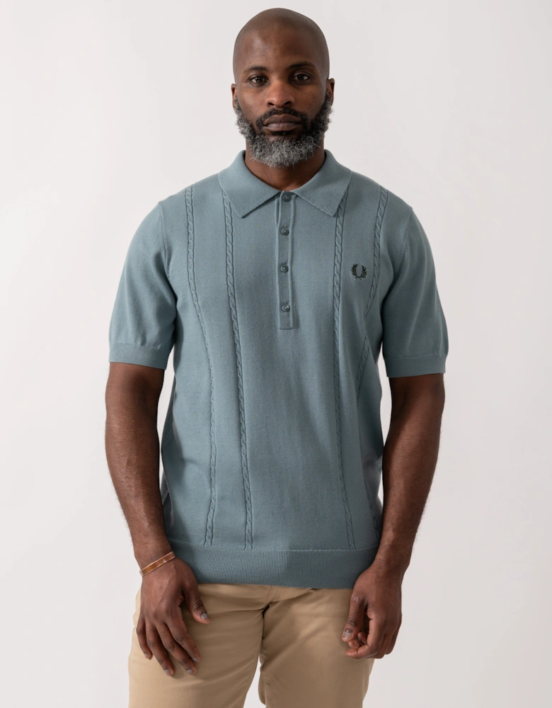 Mens Cable Knitted Polo Shirt - Stockport Blue Z20