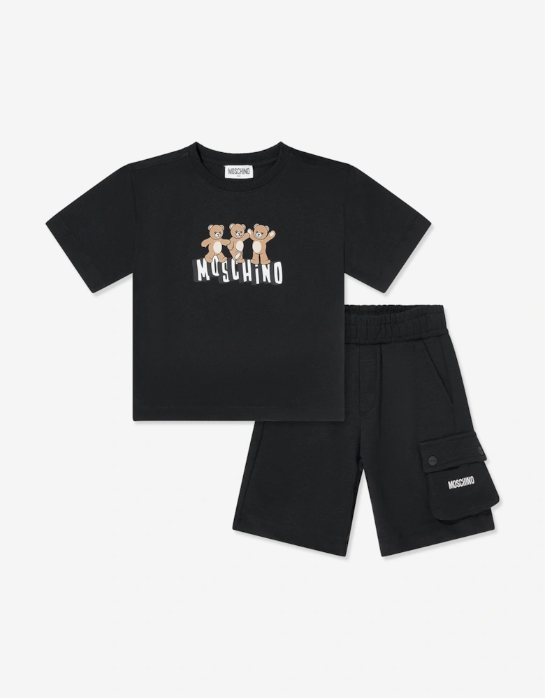 Boys Teddy Bear Logo Short Set in Black