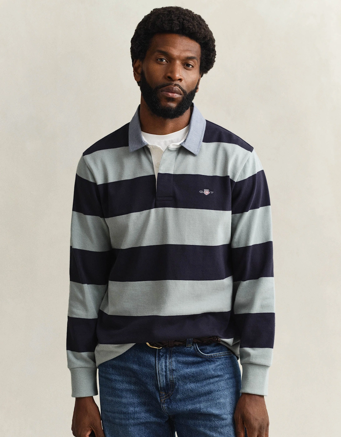 Gant Men's Ceramic Grey Regular Fit Chambray Stripe Heavy Rugger - 10  38 M