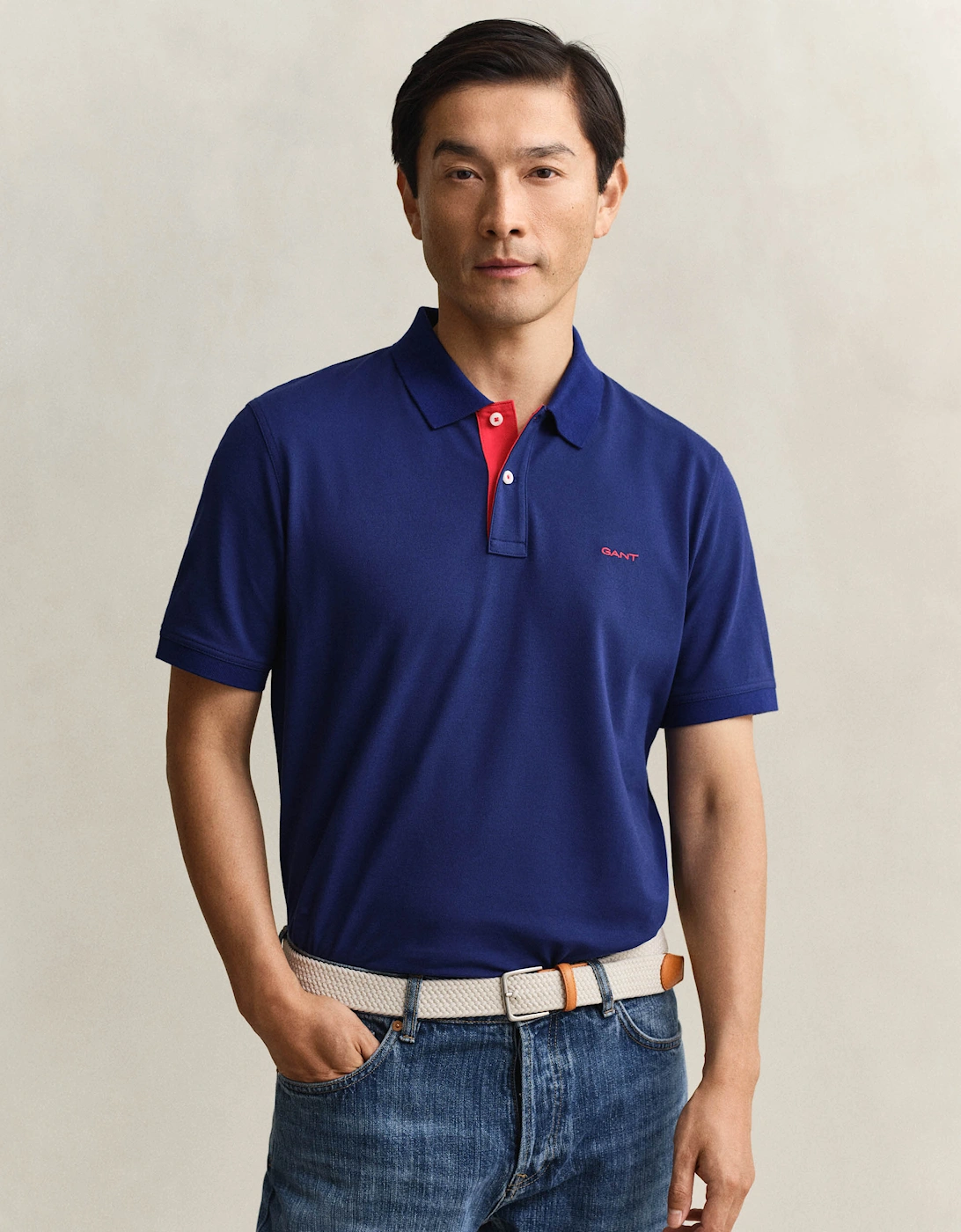 Gant Men's Navy Regular Fit Short Sleeve Contrast Pique Rugger - 432 Rich  40 L