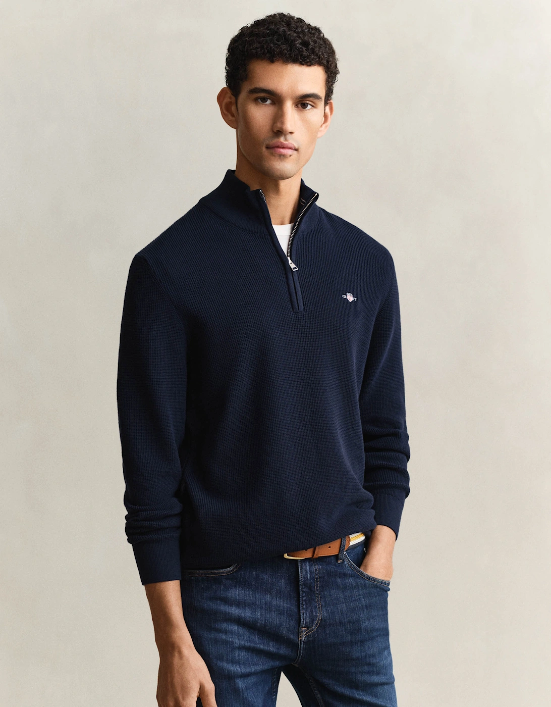 Gant Men's Navy Micro Textured Cotton Half Zip - 433 Evening Blue  Xxl