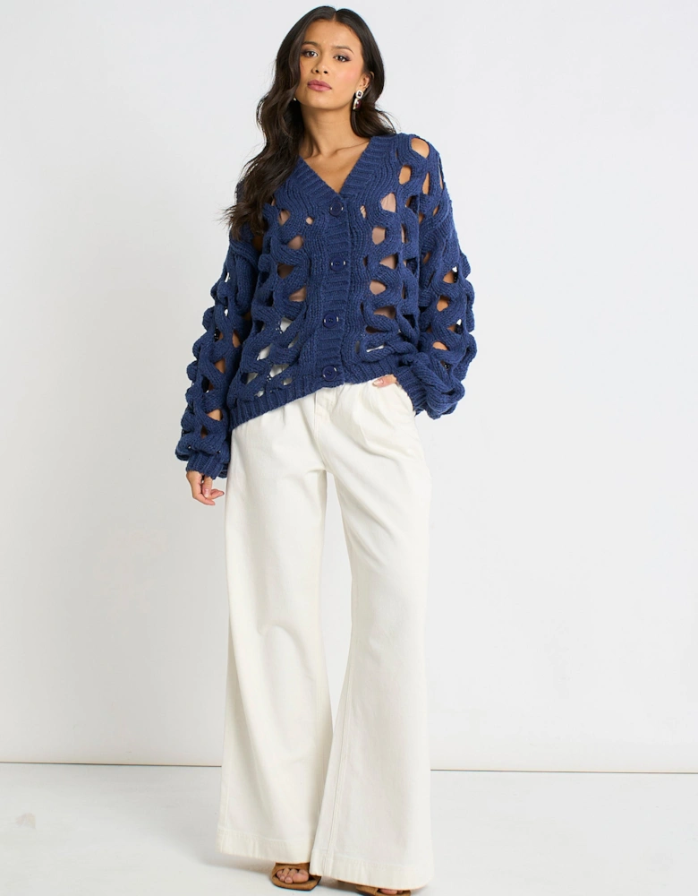 Navy Hollow Chunky Knit Cardigan