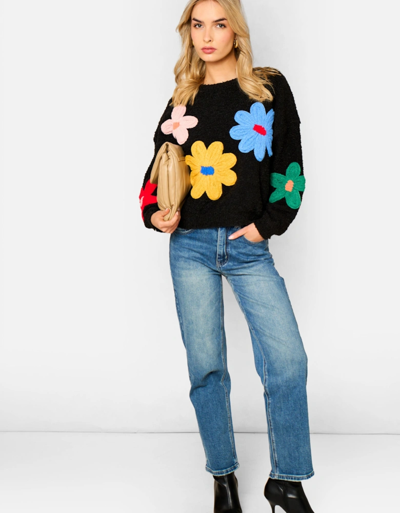 Black 3D Flower Crochet Knitted Jumper