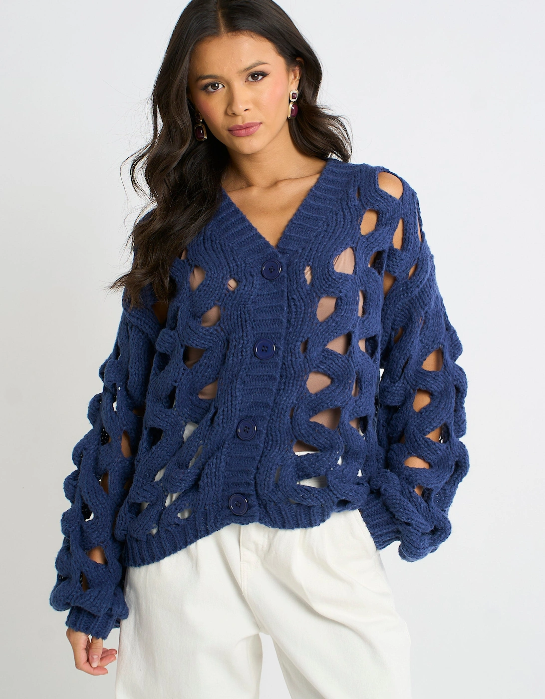 Gini London Women's Navy Hollow Chunky Knit Cardigan - Size 10/12