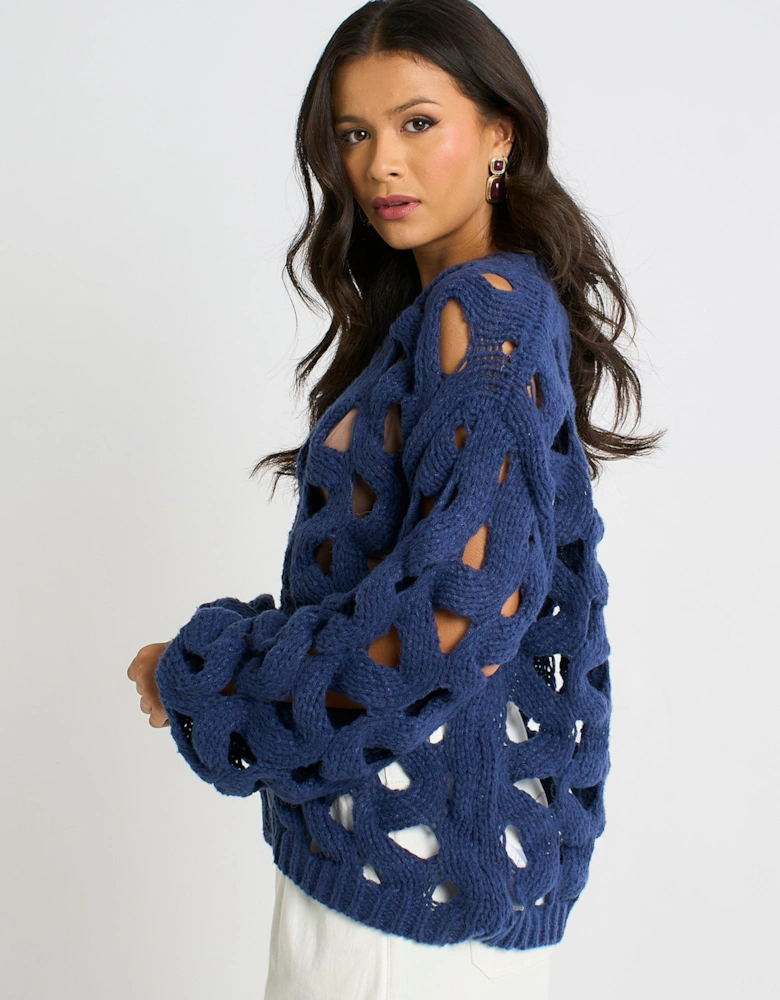 Navy Hollow Chunky Knit Cardigan