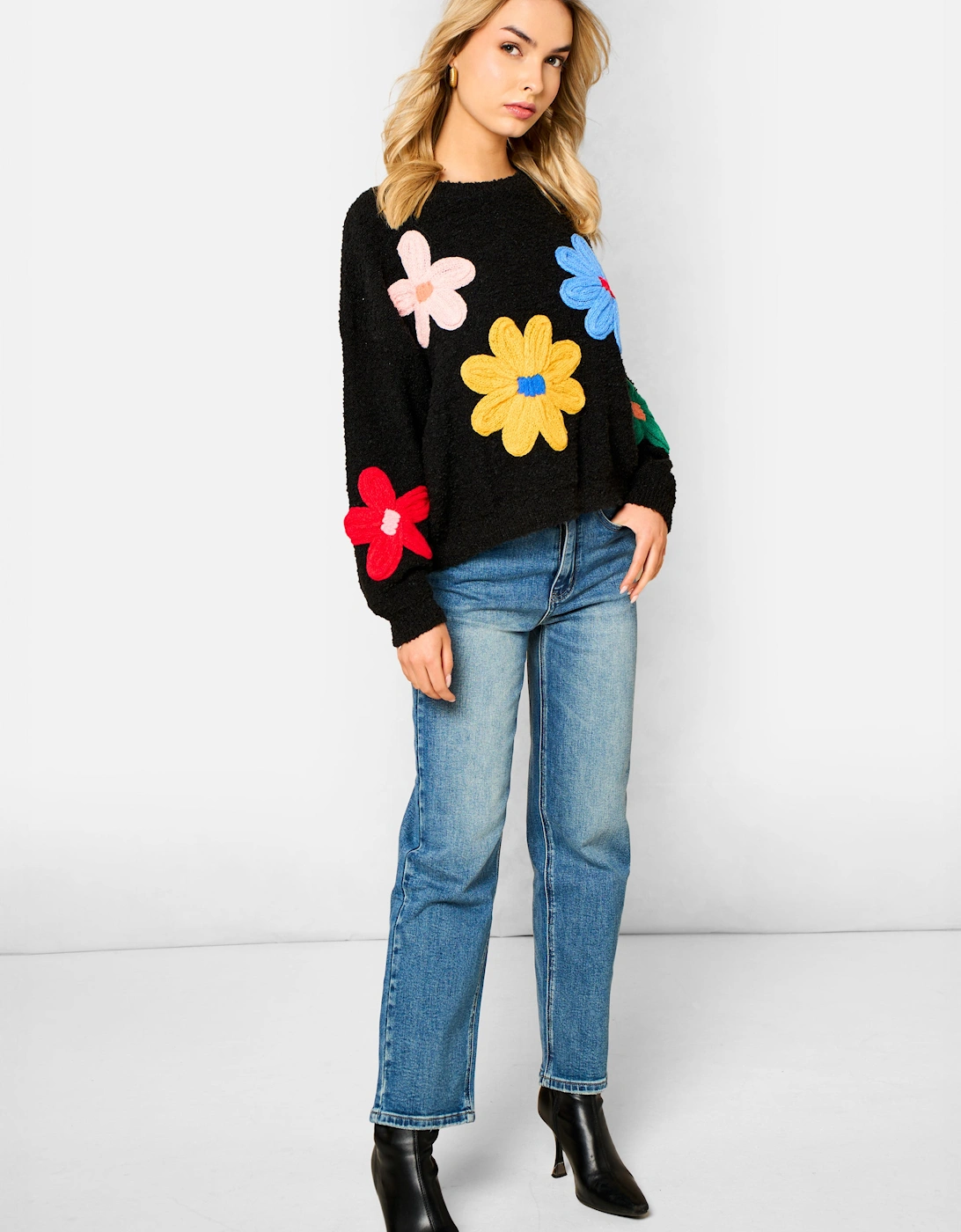 Black 3D Flower Crochet Knitted Jumper