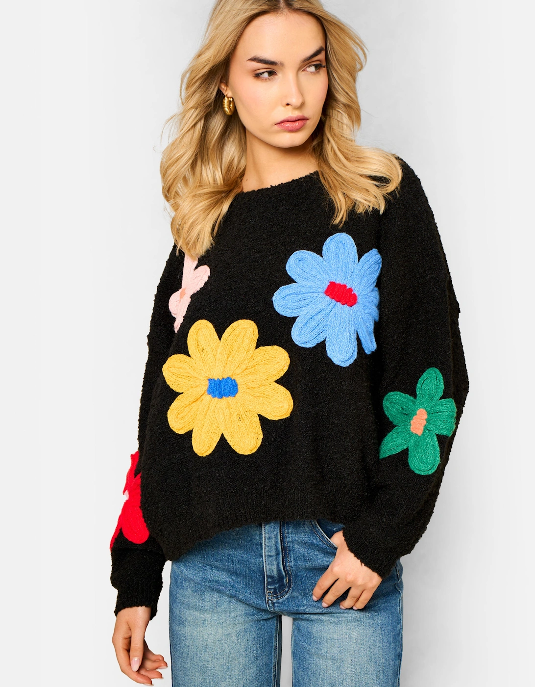 Gini London Gini London Women's Black 3D Flower Crochet Knitted Jumper