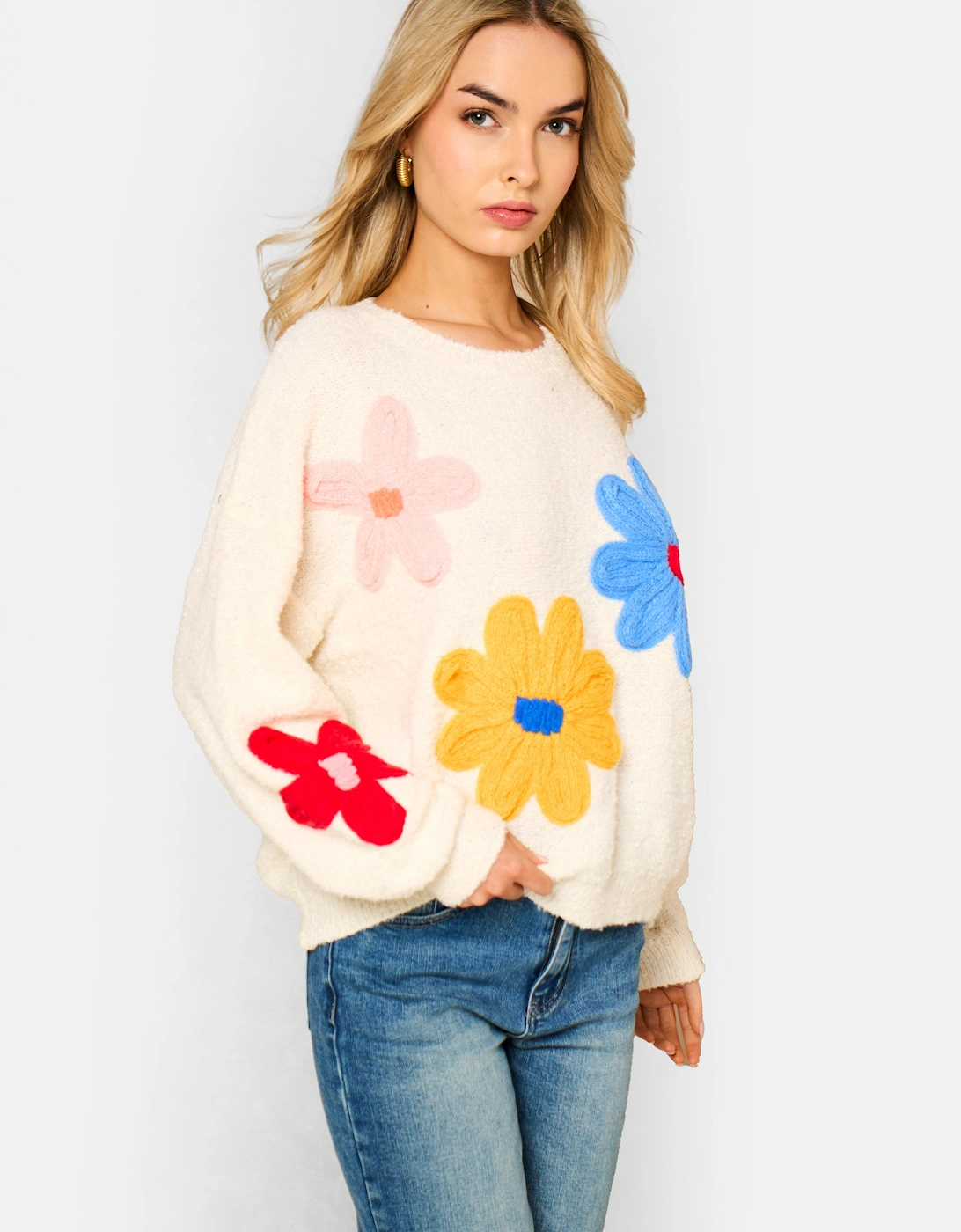 Cream 3D Flower Crochet Knitted Jumper