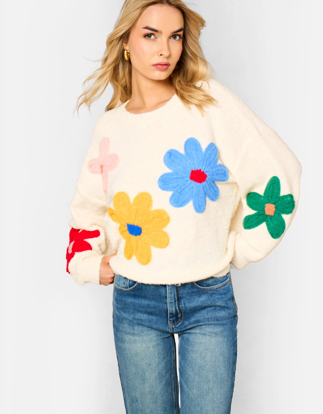 Gini London Women's Cream 3D Flower Crochet Knitted Jumper - Size 8/10