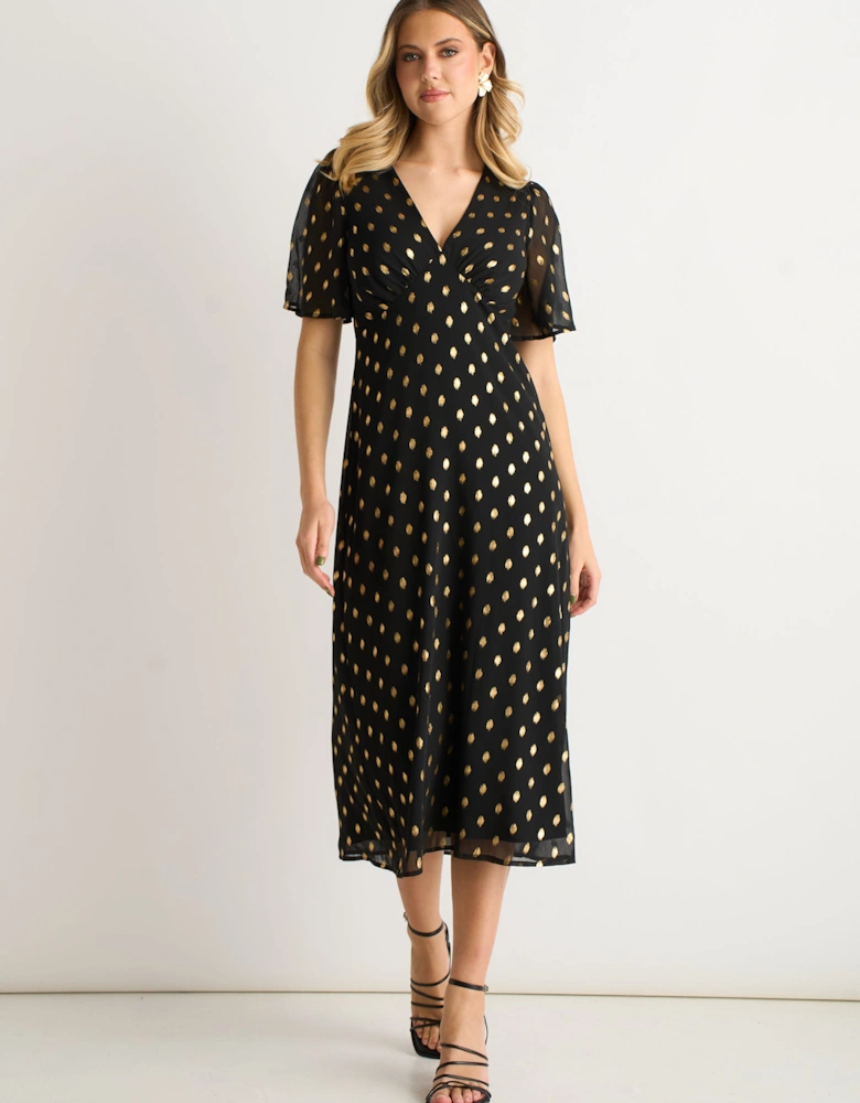 Black V Neck Foil Midi Skater Dress