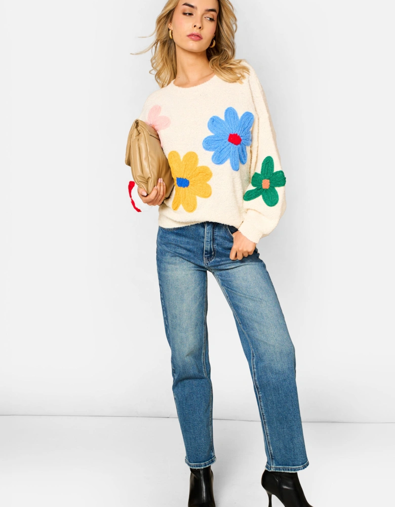 Cream 3D Flower Crochet Knitted Jumper