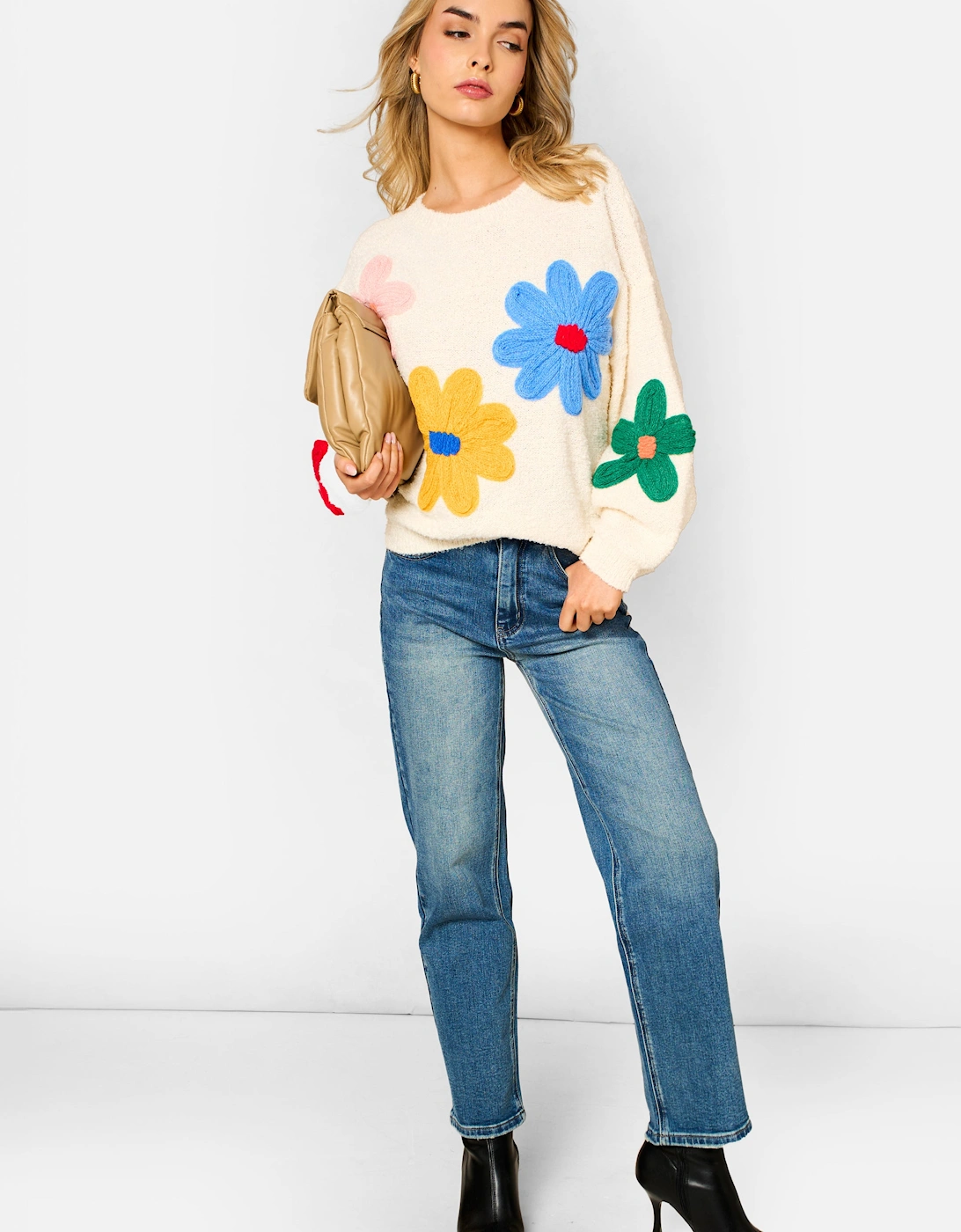 Cream 3D Flower Crochet Knitted Jumper