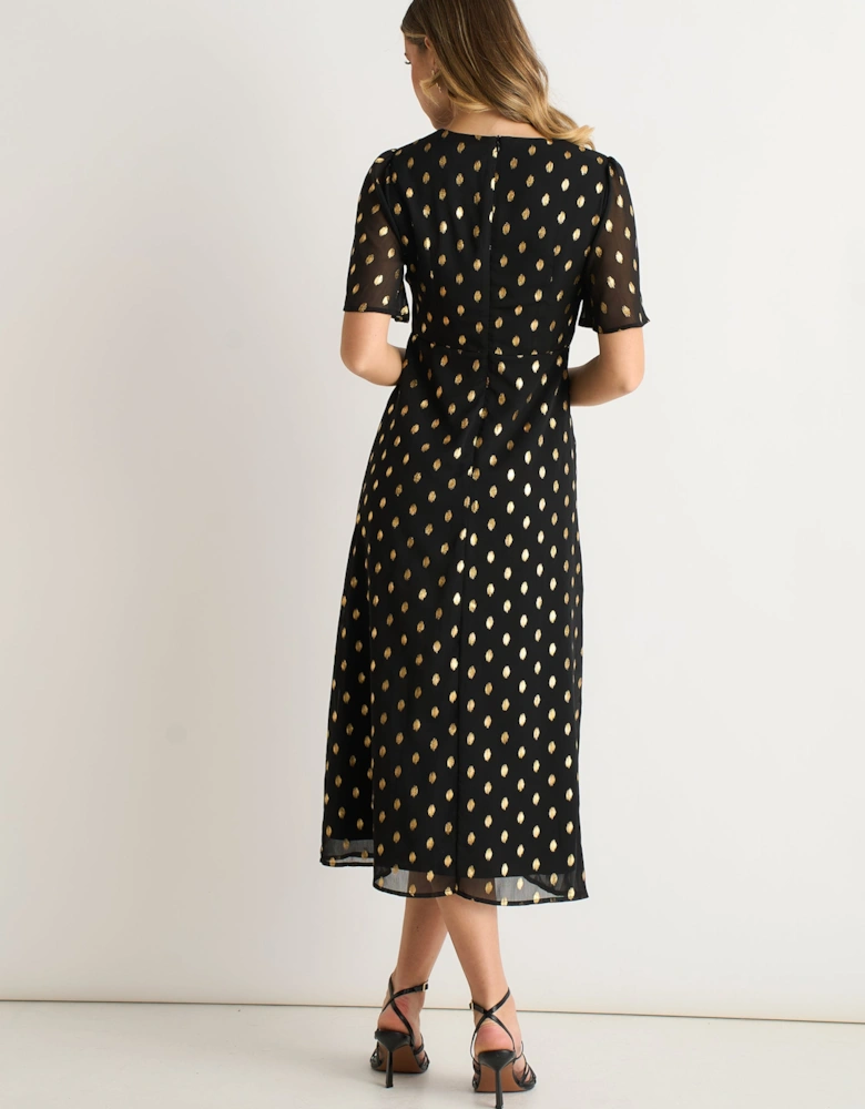 Black V Neck Foil Midi Skater Dress