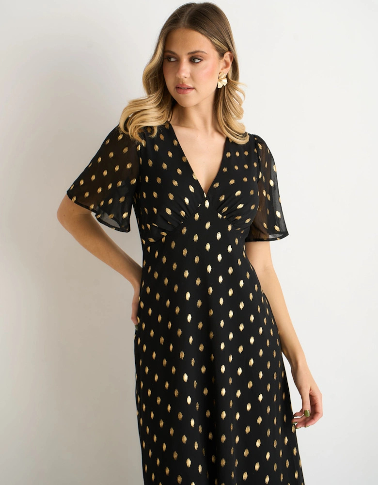 Black V Neck Foil Midi Skater Dress