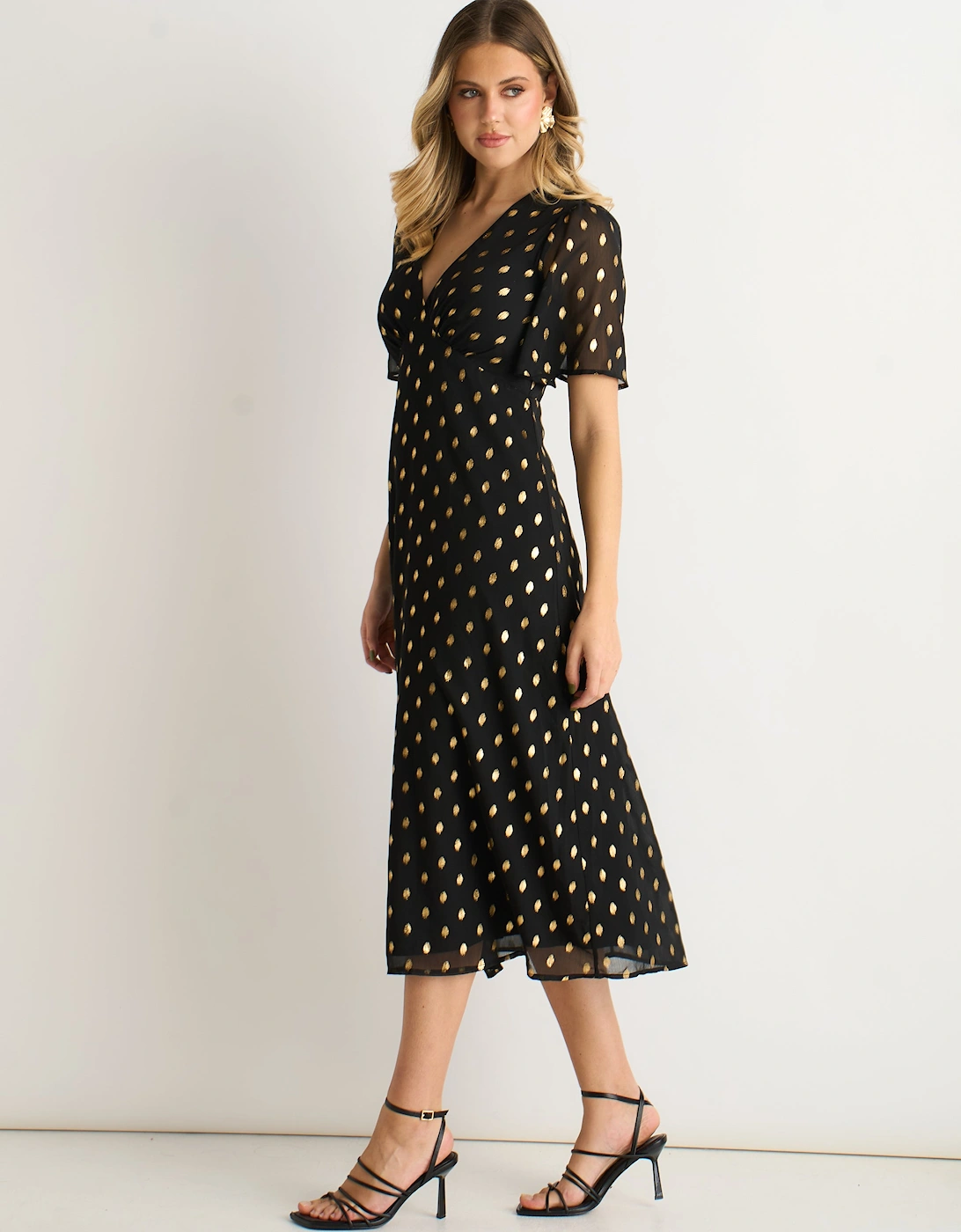 Black V Neck Foil Midi Skater Dress