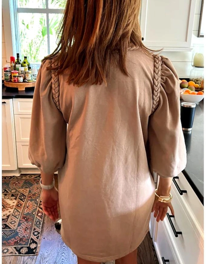 Light French Beige Braided Trim Puff Sleeve Dress