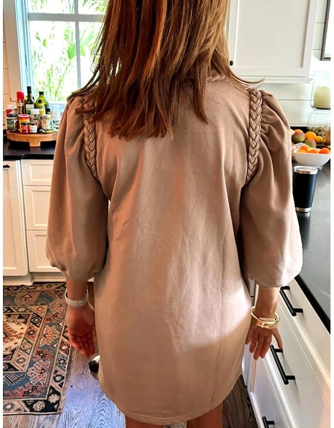 Light French Beige Braided Trim Puff Sleeve Dress, 7 of 6