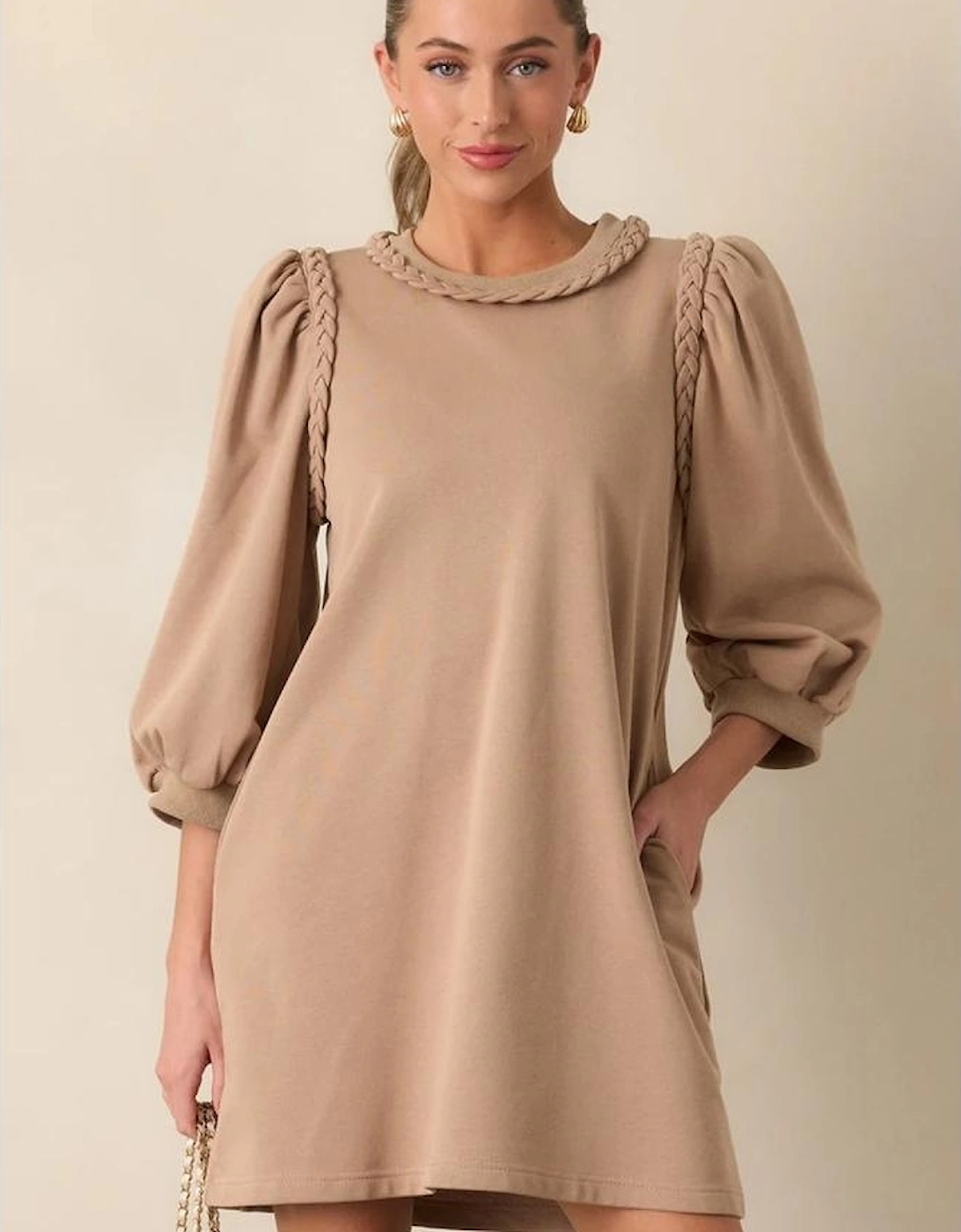 Light French Beige Braided Trim Puff Sleeve Dress