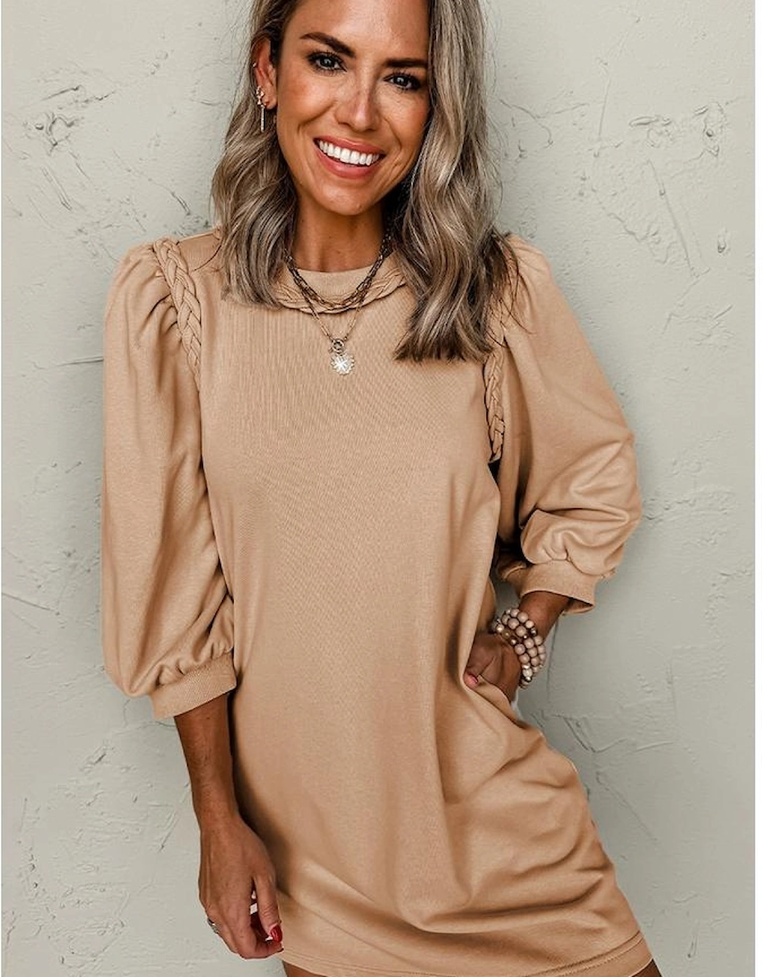 Light French Beige Braided Trim Puff Sleeve Dress