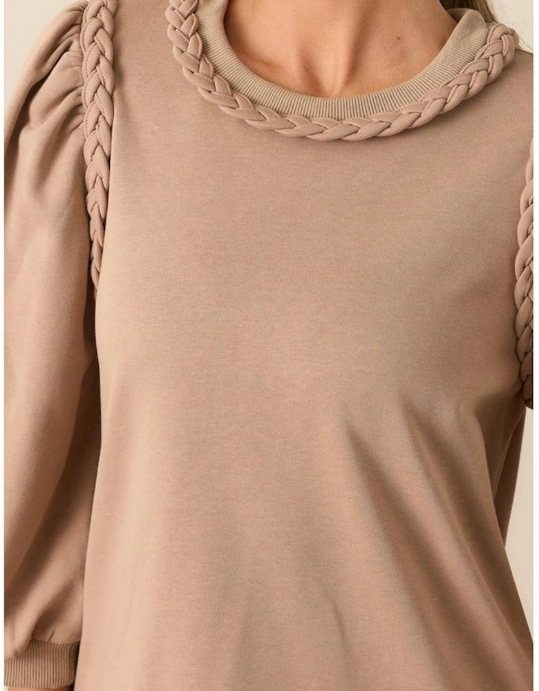 Light French Beige Braided Trim Puff Sleeve Dress