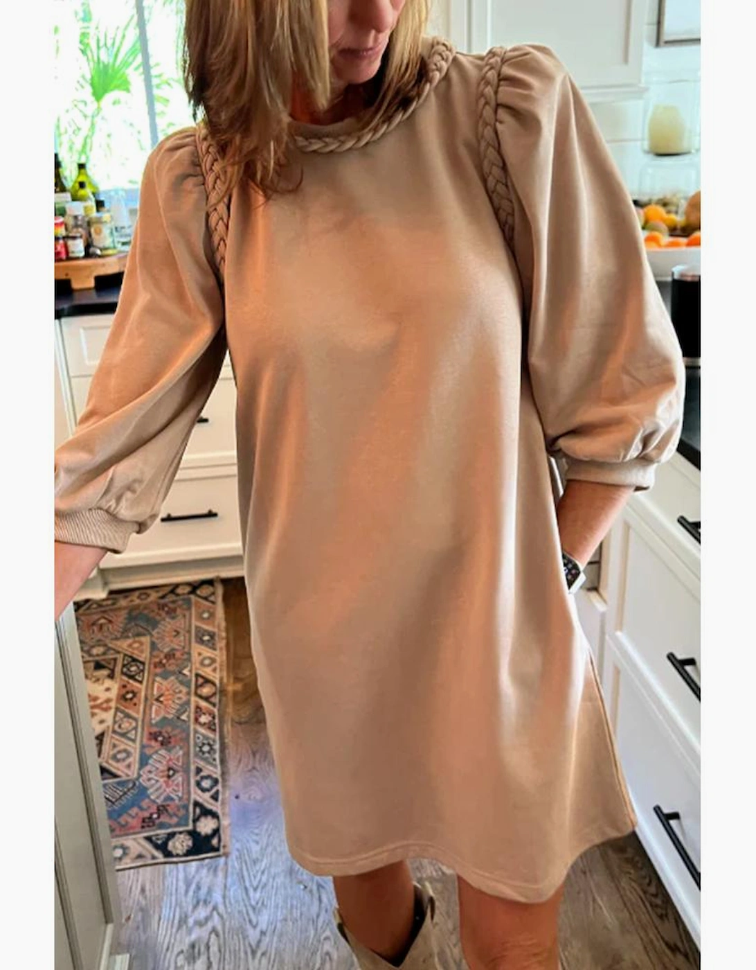 Light French Beige Braided Trim Puff Sleeve Dress