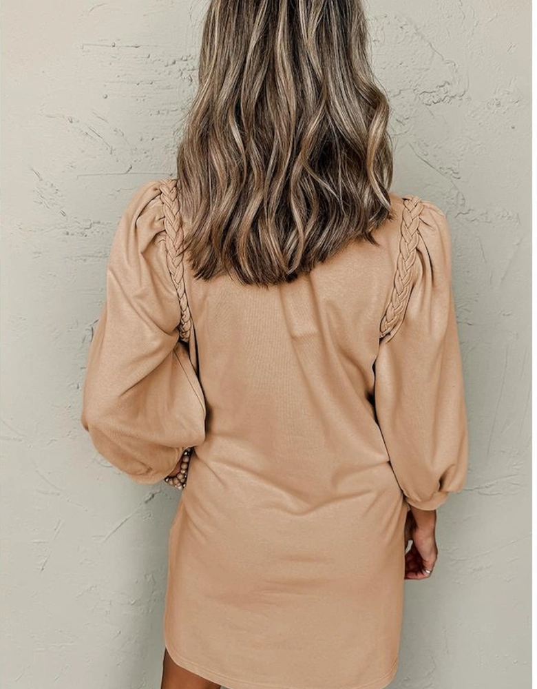 Light French Beige Braided Trim Puff Sleeve Dress