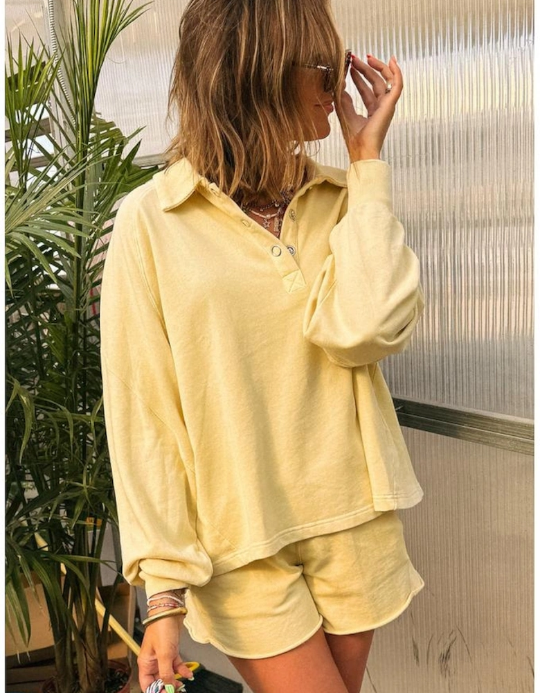 Yellow Cream Button Collar Drop Shoulder Pullover and Shorts 2pcs Outfit