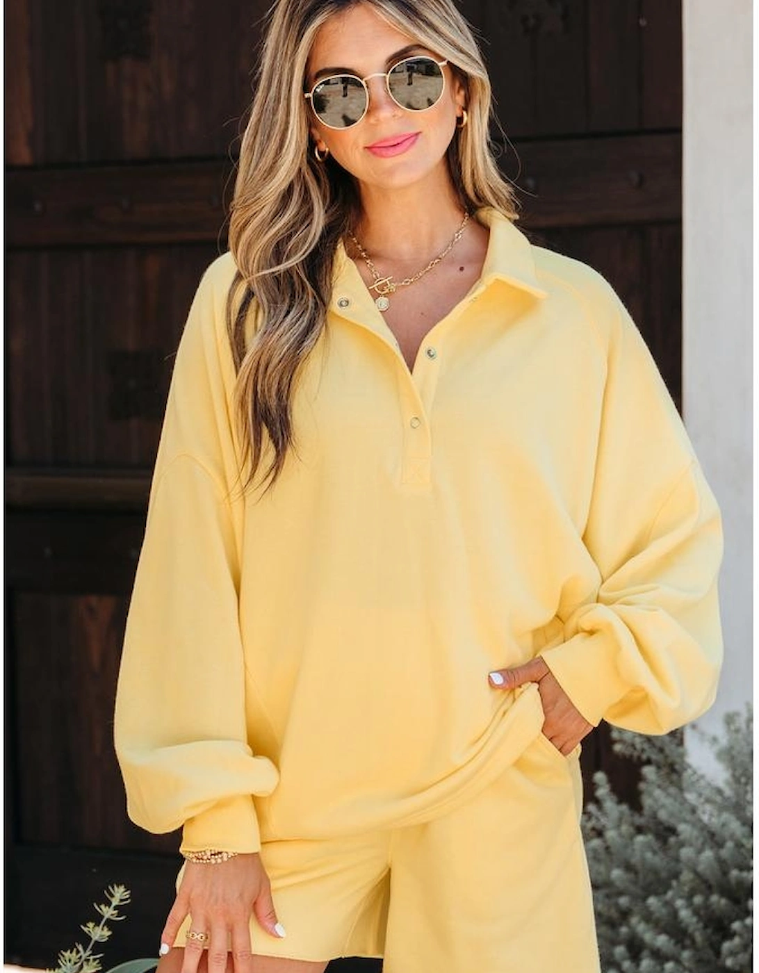 Yellow Cream Button Collar Drop Shoulder Pullover and Shorts 2pcs Outfit