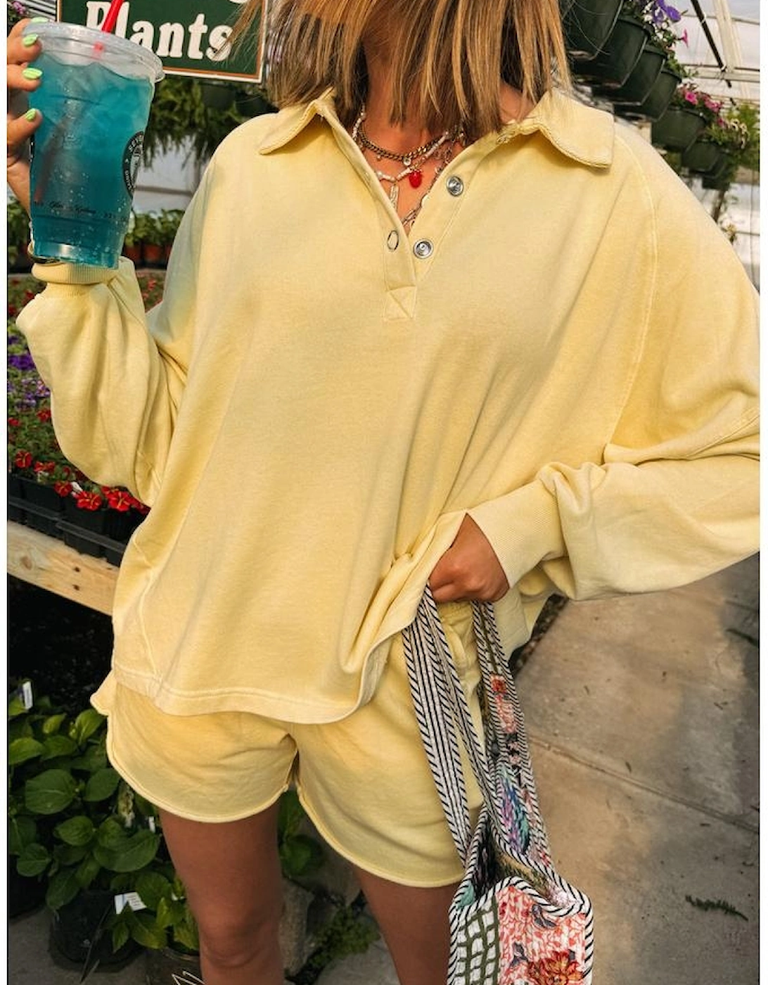 Yellow Cream Button Collar Drop Shoulder Pullover and Shorts 2pcs Outfit