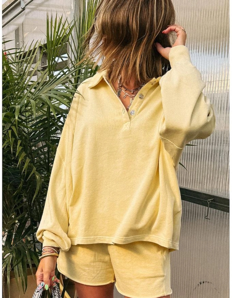 Yellow Cream Button Collar Drop Shoulder Pullover and Shorts 2pcs Outfit