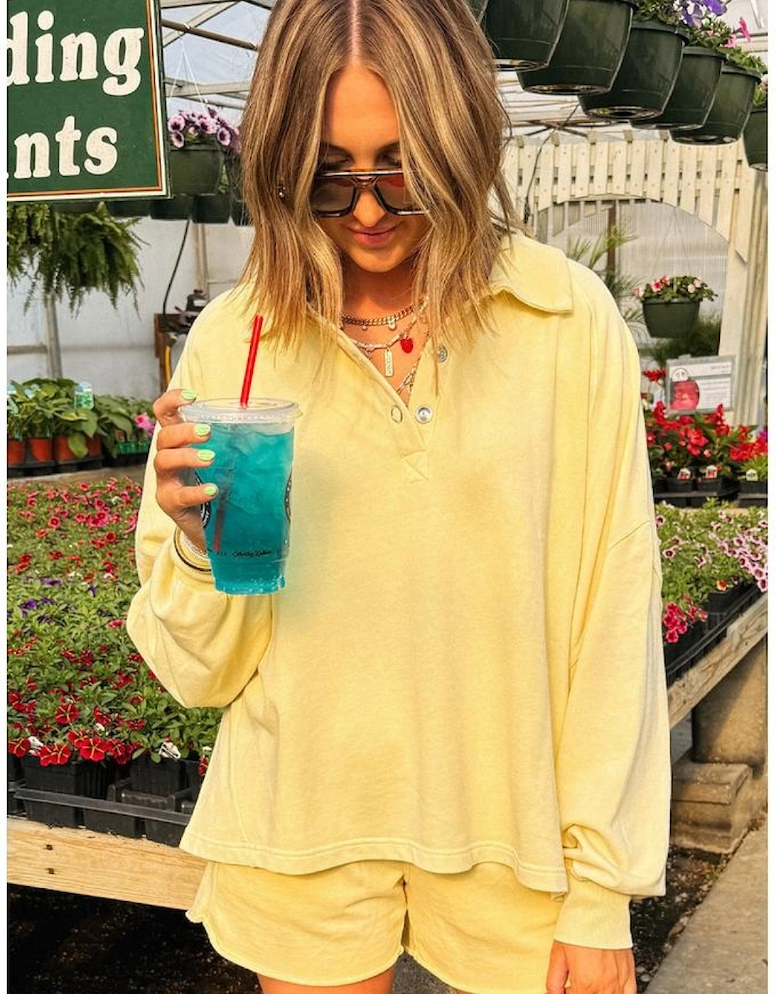 Yellow Cream Button Collar Drop Shoulder Pullover and Shorts 2pcs Outfit