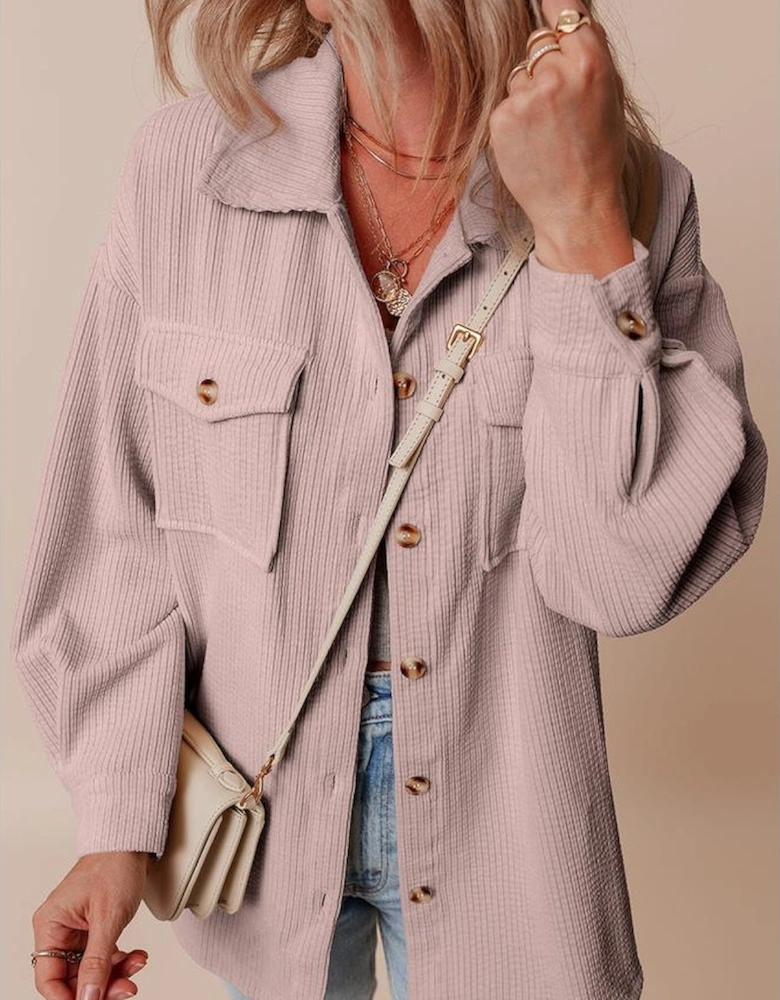 Light Pink Corduroy Flap Pocket Button Up Shacket