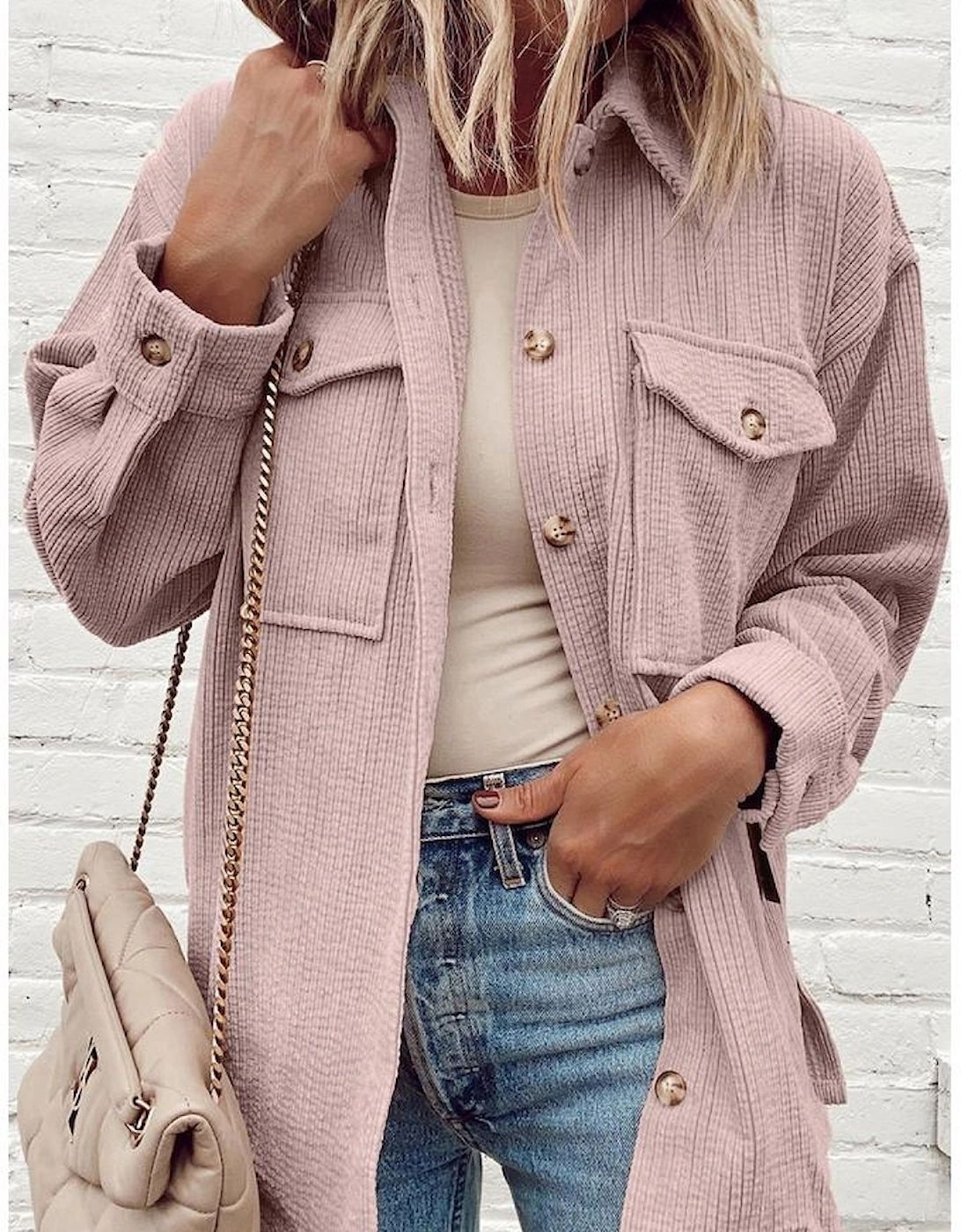 Light Pink Corduroy Flap Pocket Button Up Shacket