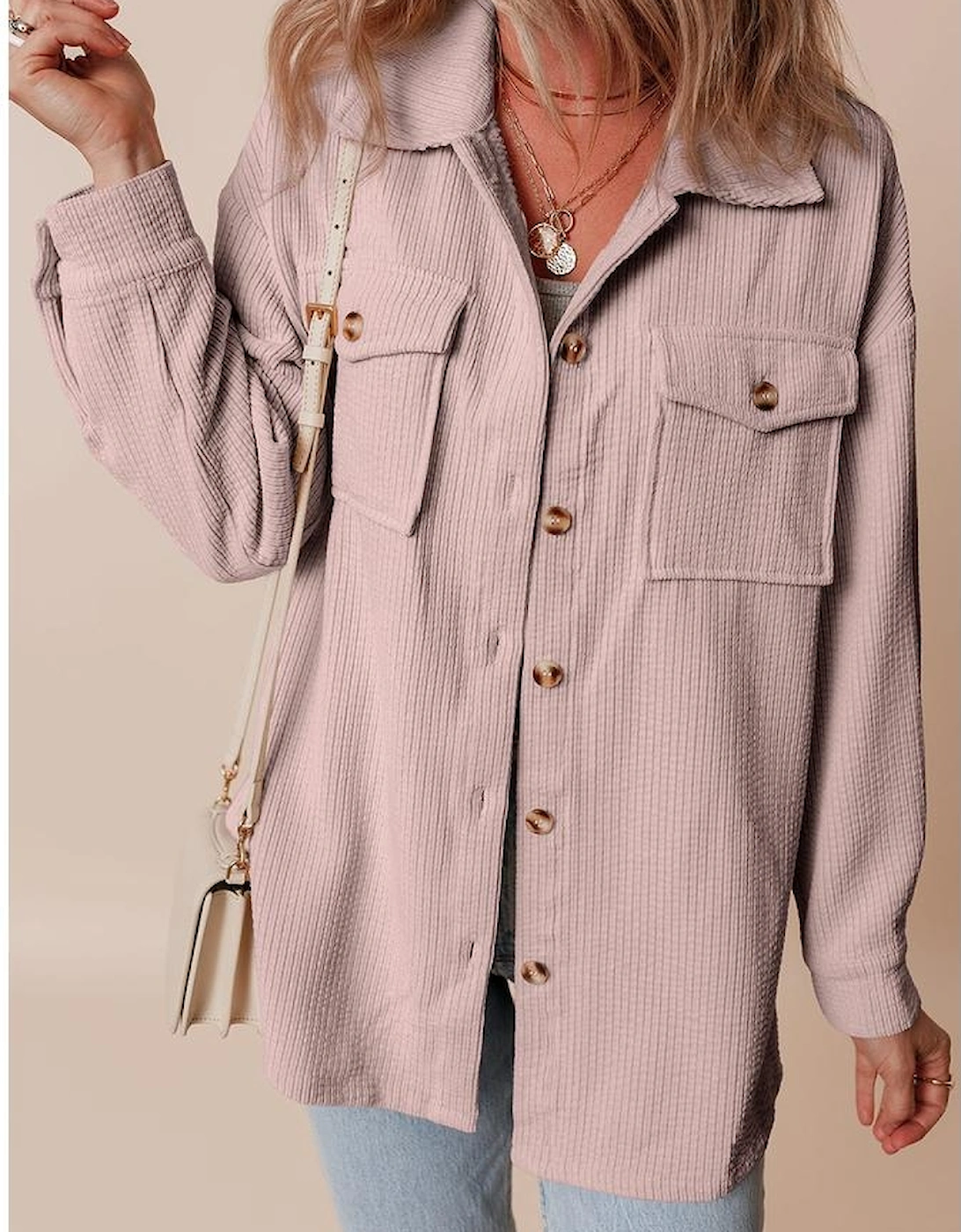 Light Pink Corduroy Flap Pocket Button Up Shacket
