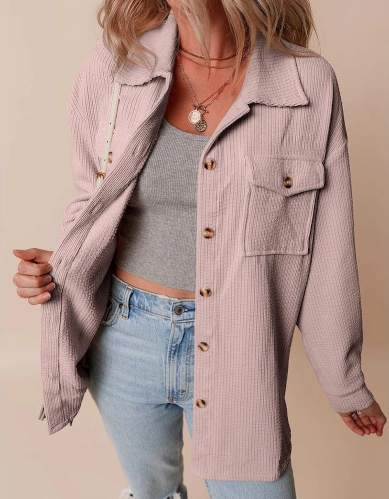 Light Pink Corduroy Flap Pocket Button Up Shacket
