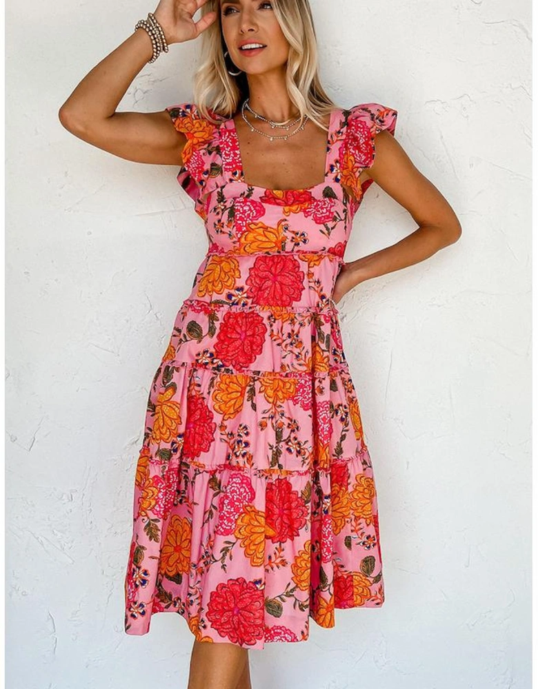 Pink Floral Square Neck Ruffled Flutter Sleeve Tiered Midi Dress