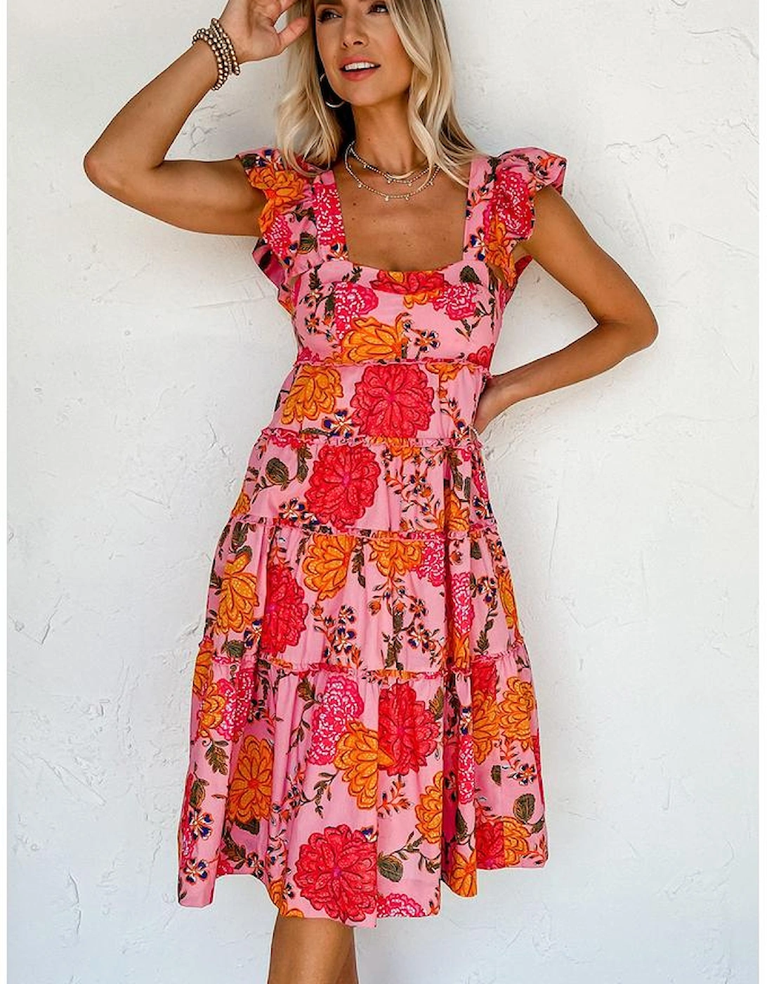 Pink Floral Square Neck Ruffled Flutter Sleeve Tiered Midi Dress, 8 of 7