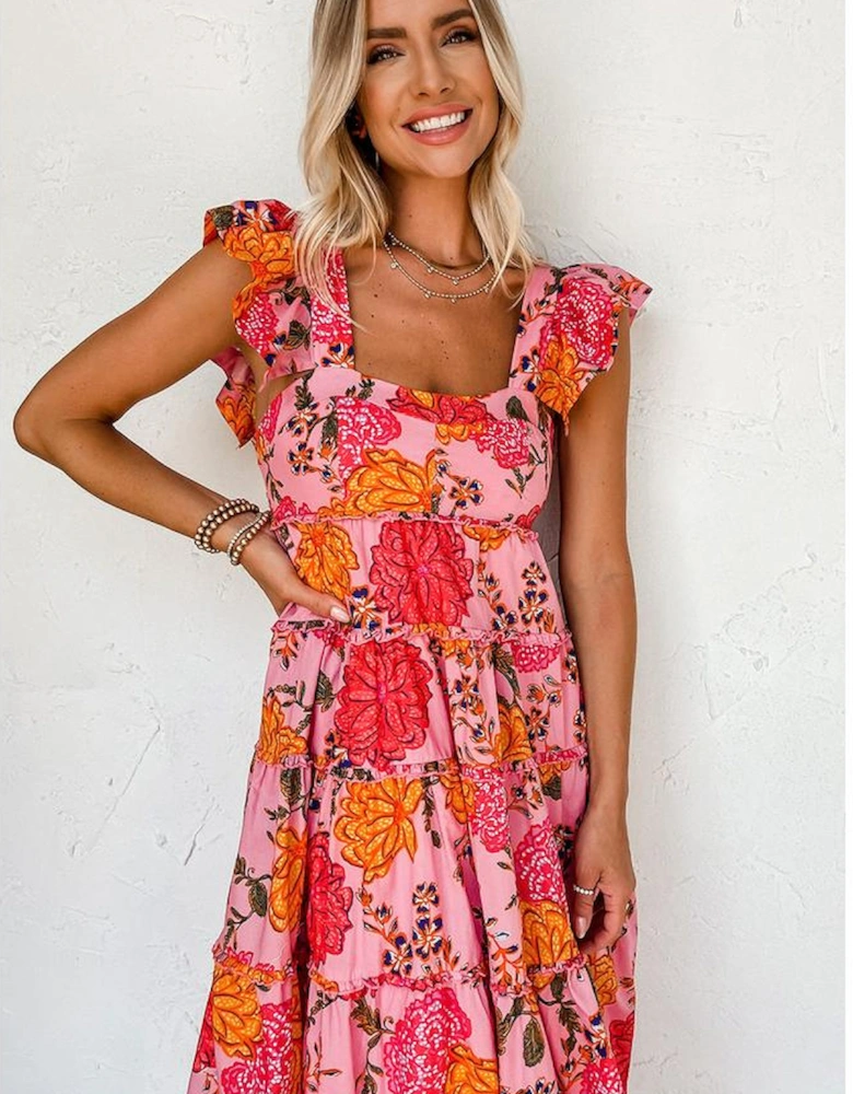 Pink Floral Square Neck Ruffled Flutter Sleeve Tiered Midi Dress