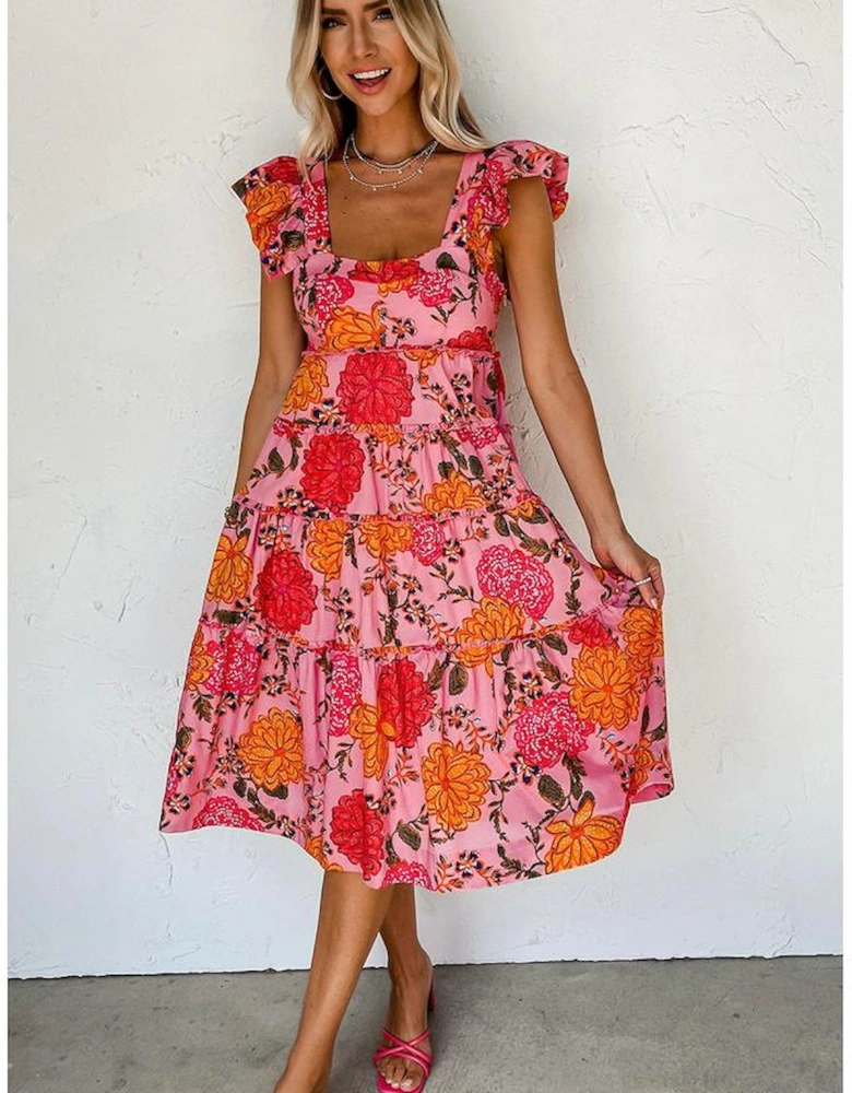 Pink Floral Square Neck Ruffled Flutter Sleeve Tiered Midi Dress