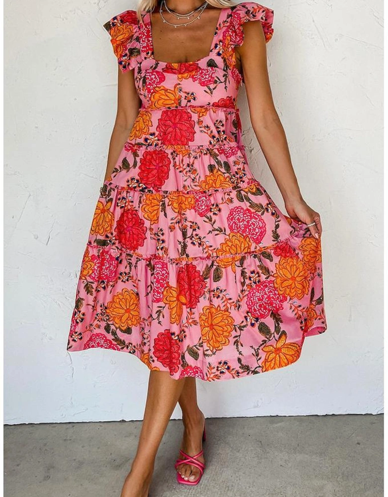 Pink Floral Square Neck Ruffled Flutter Sleeve Tiered Midi Dress